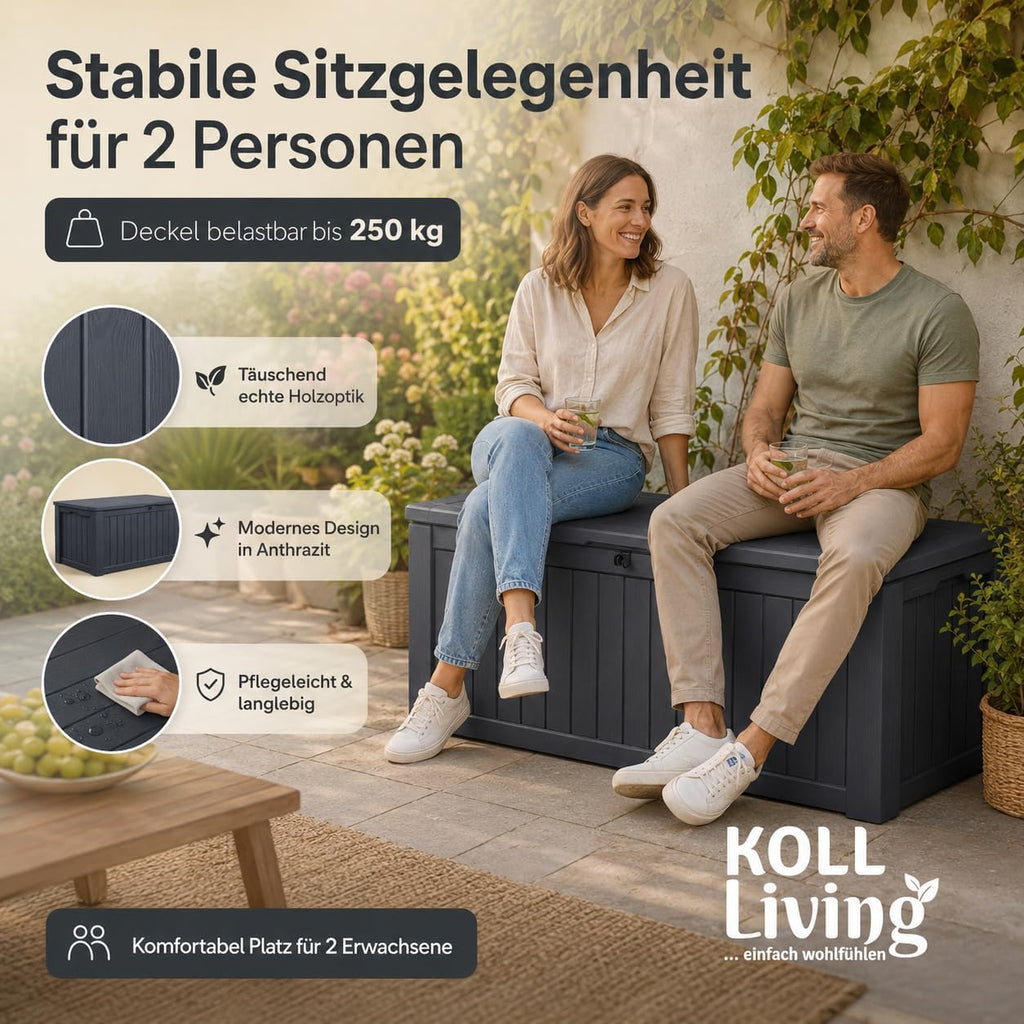Koll Living Auflagenbox/Kissenbox 570 Liter l 100% Wasserdicht l mit Belüftung dadurch kein übler Geruch/Schimmel l Moderne Holzoptik l Deckel belastbar bis 250 KG (2 Personen) (Anthrazit)