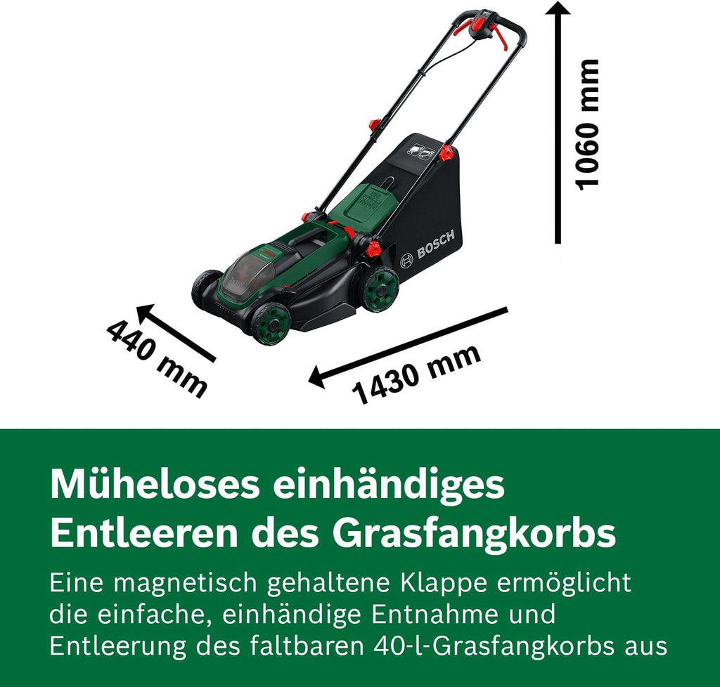 Bosch Akku-Rasenmäher ROTAK18V2-38 (Schnittbreite: 38 cm, Schnitthöhe: 30-75 mm, 40 l Stoff-Grasfangkorb, Mulchstopfen, ohne Akku)