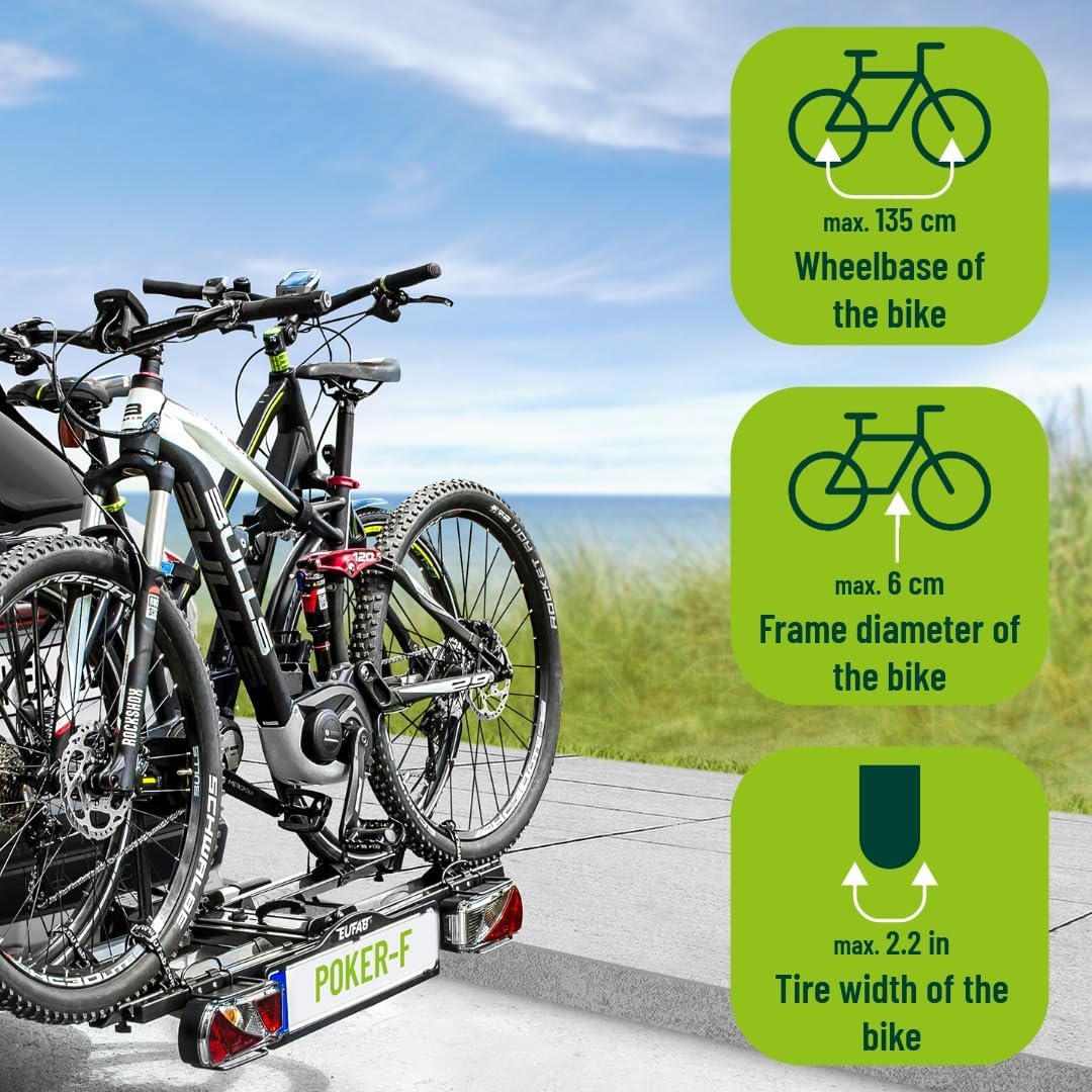EUFAB 12010LAS Fahrradträger POKER-F, E-Bike geeignet, komplett vormontiert, Diebstahlschutz, für 2 Fahrräder, für Anhängerkupplung, Schwarz, 142 x 70 x 58 cm