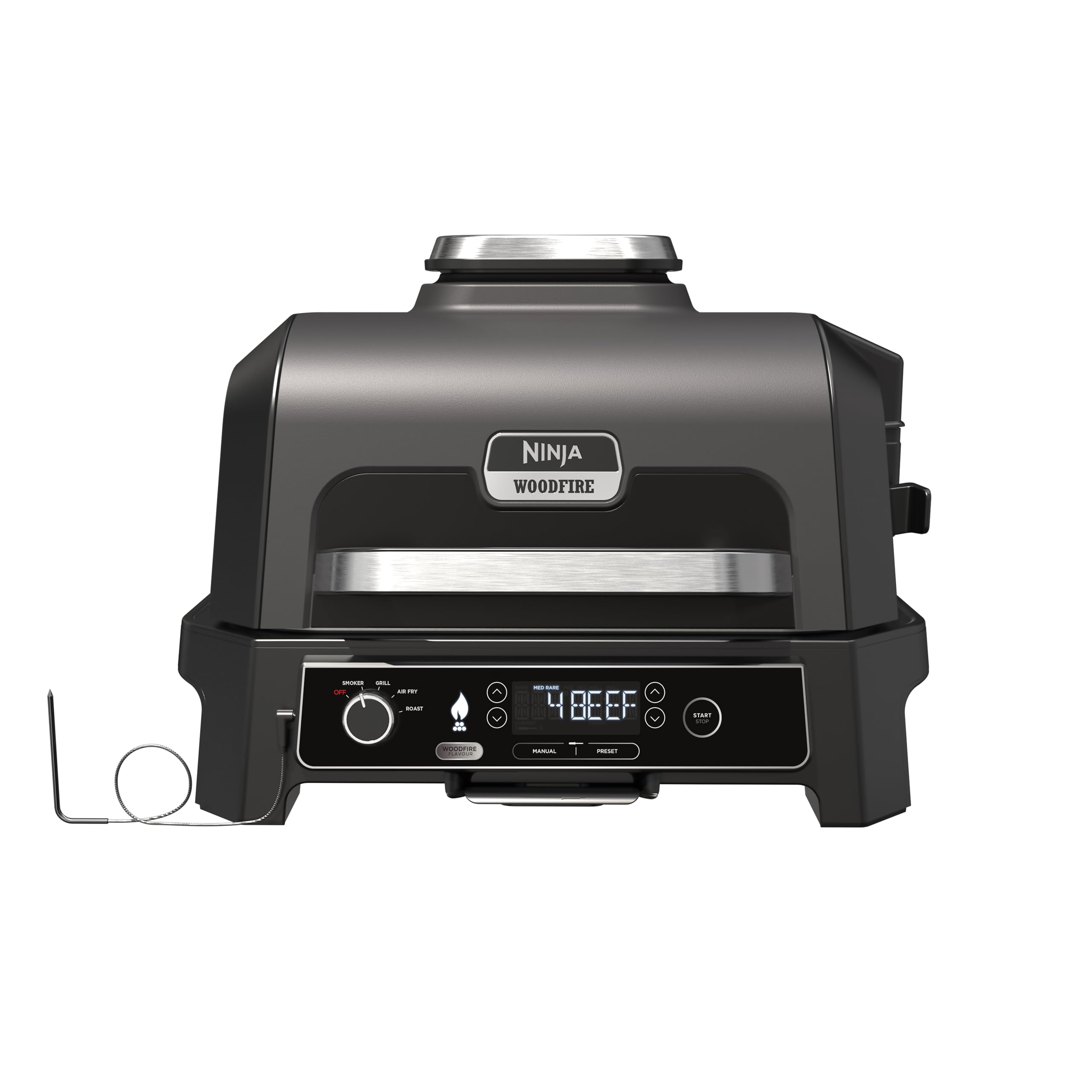 Ninja Woodfire Elektrogrill, Camping-Grill mit Smoker-& Heißluftfritteuse, 7-in-1-Outdoor Grill, räuchern, braten, backen, wetterfest, antihaftbeschichtet, tragbar, Grau/Schwarz OG701EU