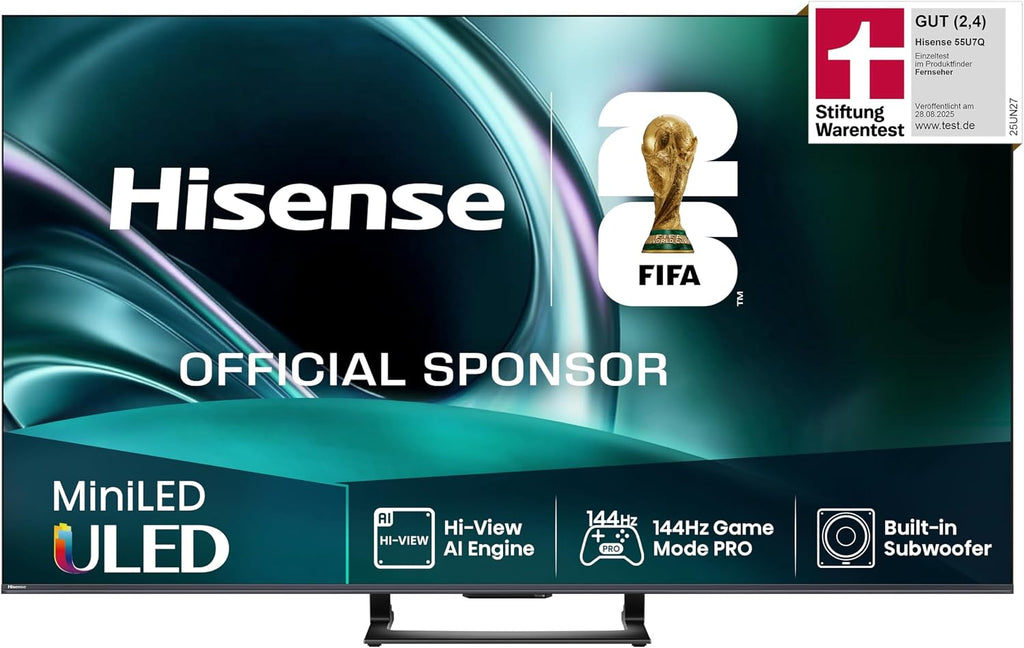 Hisense 55U7Q Fernseher 55 Zoll, 4K Mini LED ULED, Smart TV, Hi-View AI Engine, 144Hz Game Mode Pro, FreeSync Premium, Built in Subwoofer, Dolby Vision IQ Atmos, Airplay, Sprachsteuerung[2025]