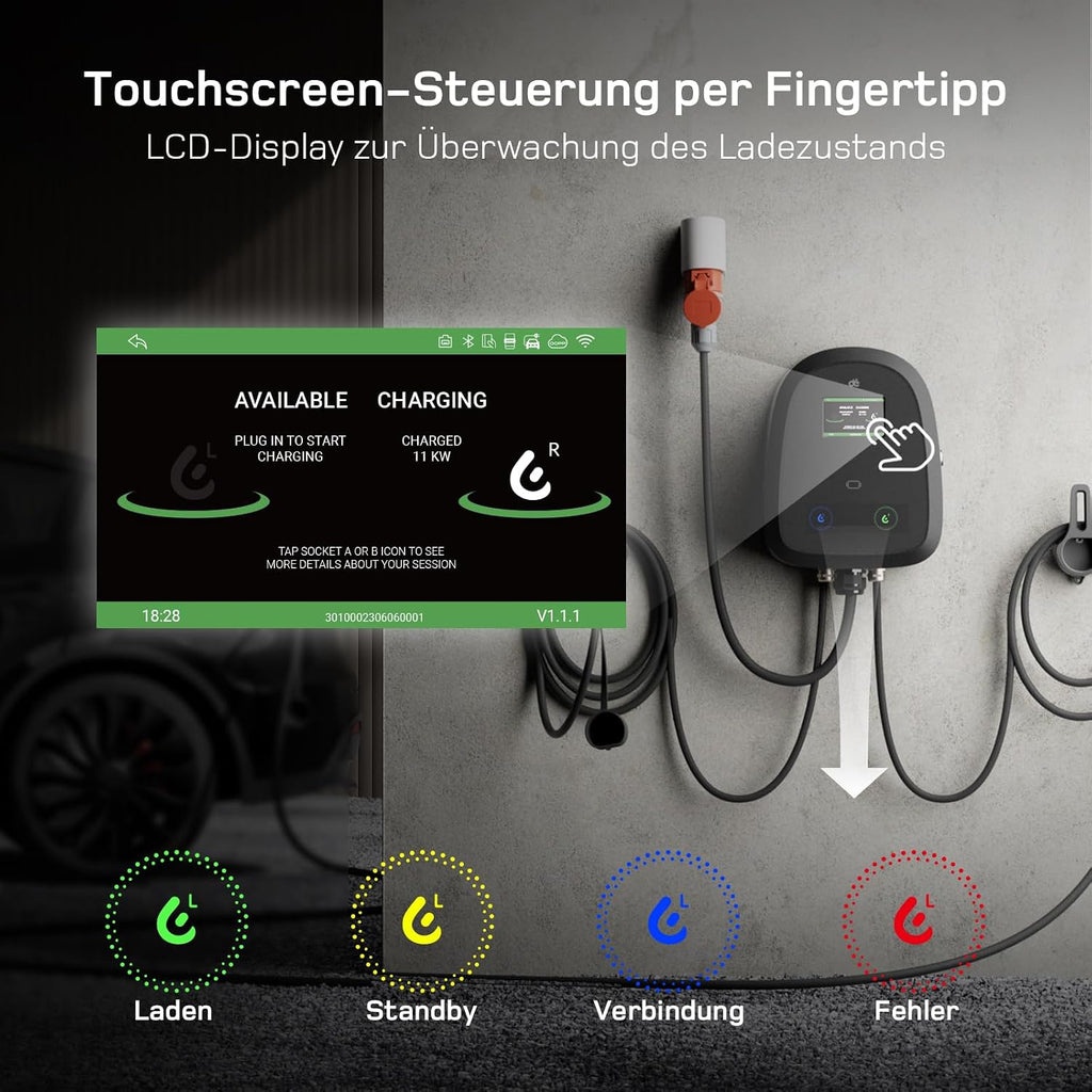dé Duo Wallbox 2×11kW mit 7m+10m Ladekabel, 3-Phasen, 6-16A pro Anschluss