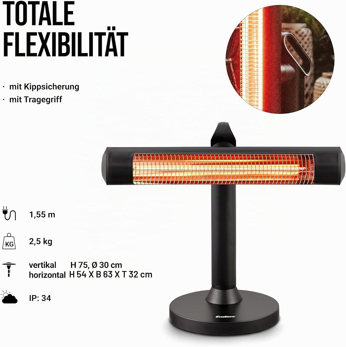 Enders Terrassenheizer Moow, Elektro Standstrahler, Heizpilz, 2 Leistungseinstellungen, 900 W, Infrarot-Strahlungswärme, Kippsicherung und Transportgriff, 60° zuschaltbare Oszillationsfunktion #49246