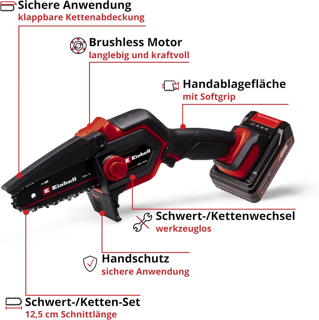 Einhell Akku-Astkettensäge GE-PS 18/15 Li BL Kit Power X-Change (18 V, Brushless, 12,5 cm Schnittlänge, werkzeugloser Schwert-/Kettenwechsel, inkl. 2,5 Ah Akku, Ladegerät, E-Case S-F)