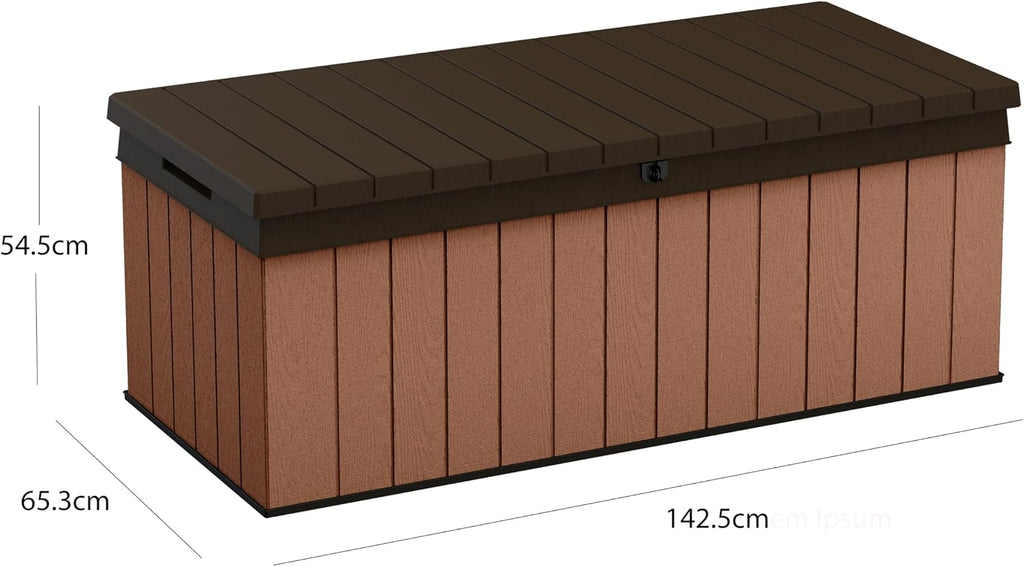 Keter Darwin Auflagenbox, Kissenbox, 380 l, Braun – Hydraulisches Kolbensystem mit Gasdruckfeder für Deckel, Abschließbar, Pflegeleicht, Holzoptik, Polsterbox