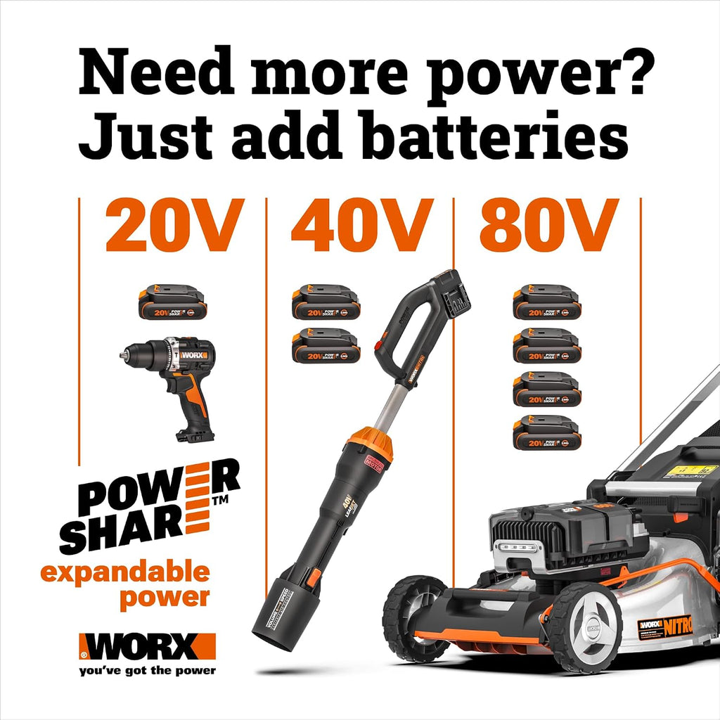 Worx Akku-Laubbläser, 40 V, 165 MPH, 620 CFM, PowerShare, bürstenloser Motor, leicht, nur Werkzeug