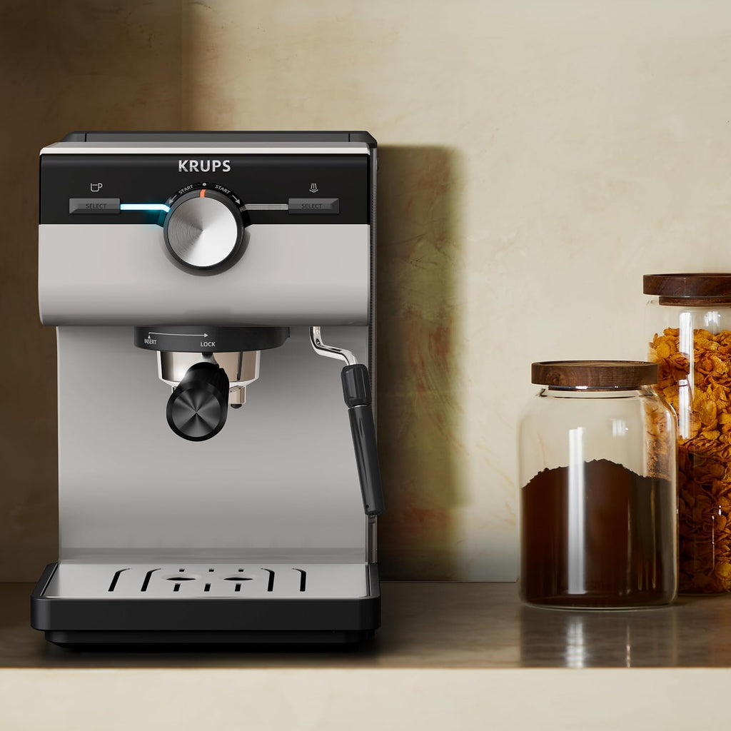 Krups Authentic Espresso-Siebträgermaschine, 15 bar, intuitive Bedienung, raffiniertes Design, integrierte Dampfdüse, 2 L-Wassertank, inkl. Zubehör, Grey/Creme, XP381B10
