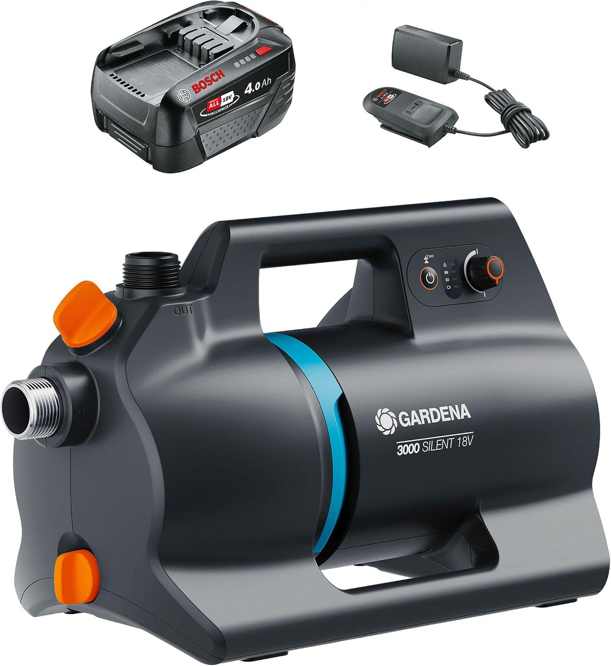 Gardena Akku-Gartenpumpe 3000 Silent 18V P4A Ready-To-Use Set: Leistungsstark, Leiser Betrieb, Regen- und UV-geschütztes Gehäuse, Trockenlaufsicherung, Kabellos (14610-20)