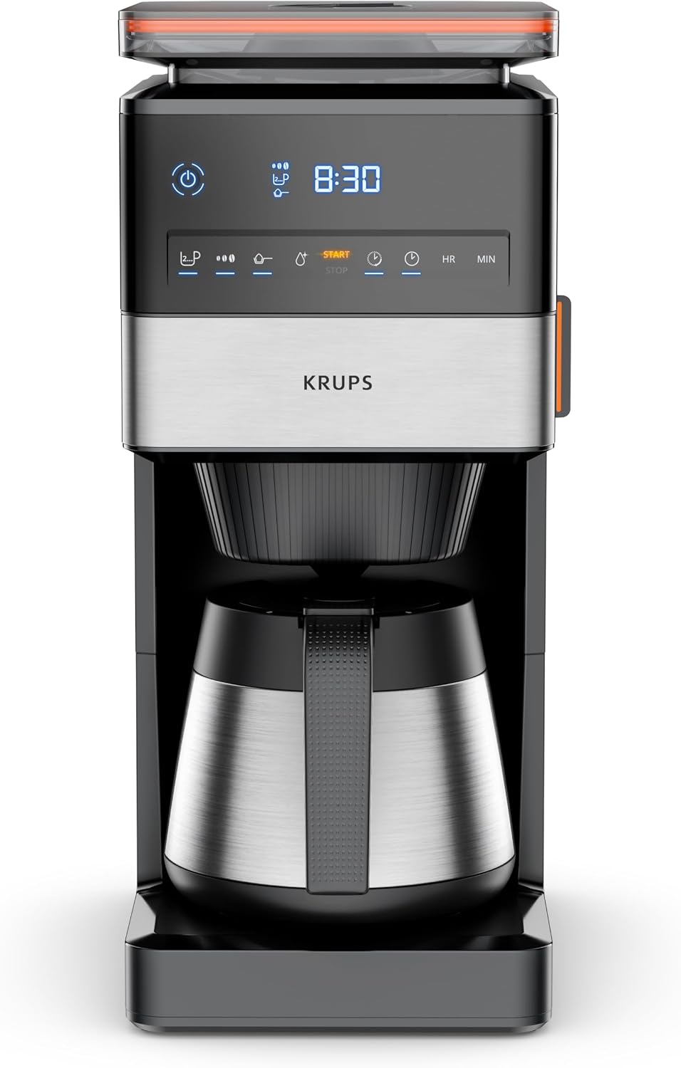 KRUPS Grind Aroma XL Filterkaffeemaschine, abnehmbares Kegelmahlwerk, digitales Bedienfeld, XL-Fassungsvermögen (1,25 L), Edelstahl-Thermoskanne, Schwarz/Edelstahl, KT842810