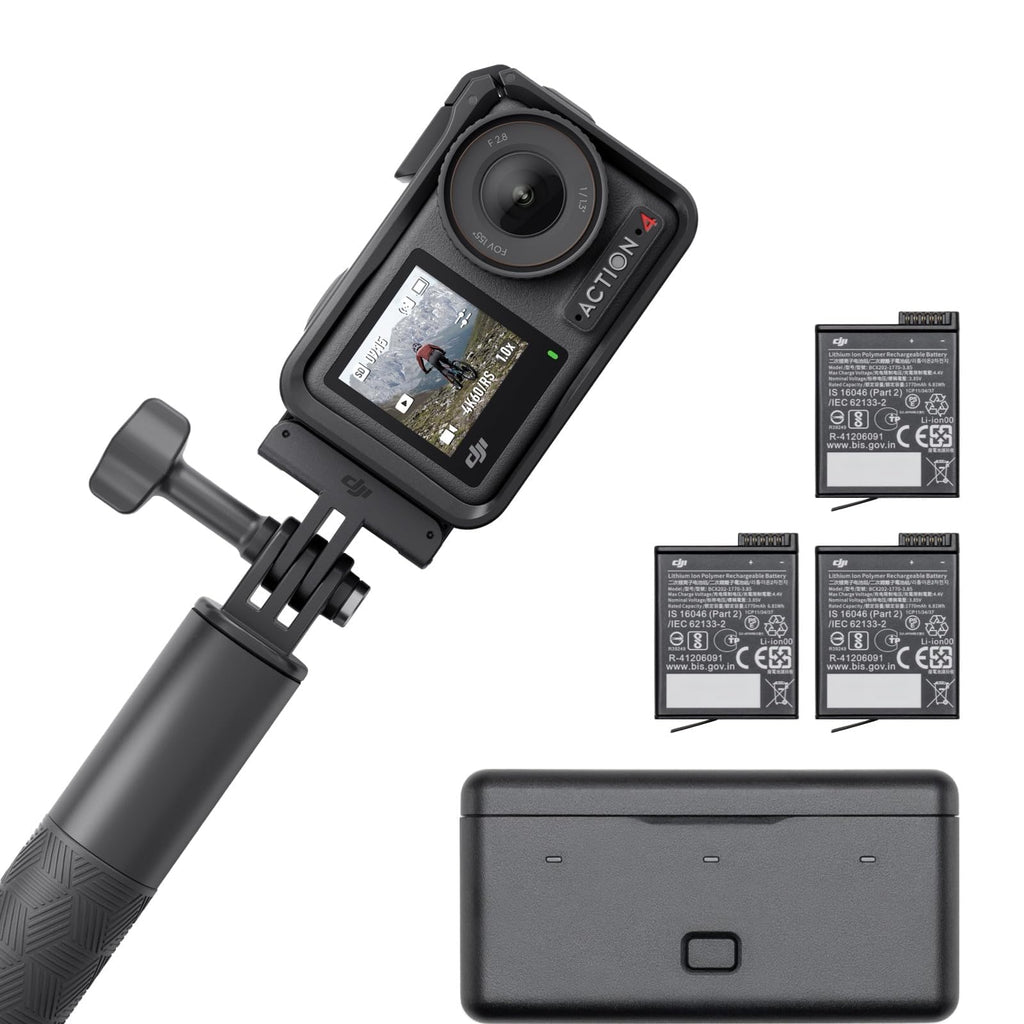 DJI Osmo Action 4 Standard Combo, 4K/120fps Action Camera | Waterproof, 1/1.3 inch sensor, low light recording, 10-bit and D-log M colour performance, durable 1770 mAh battery