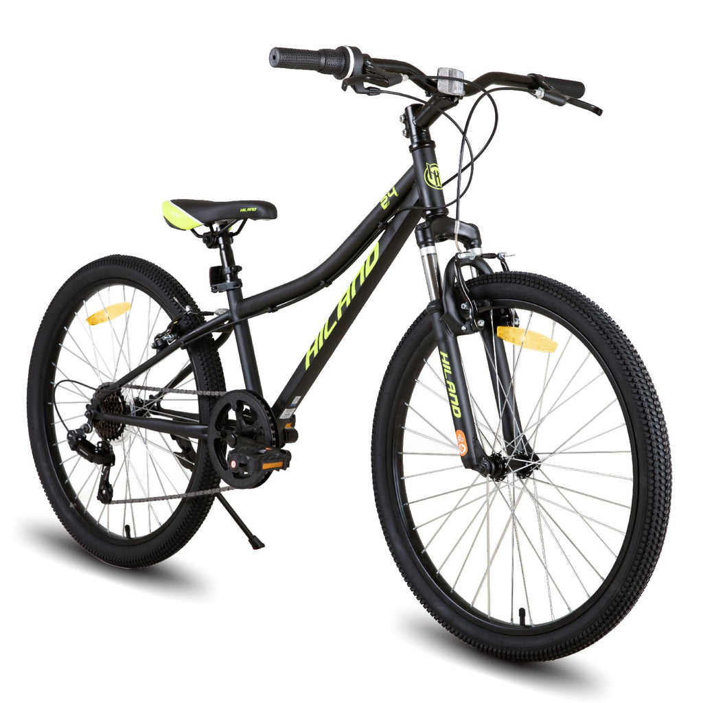 HILAND Climber 24 Zoll Kinderfahrrad, Kinder Mountainbike für Jungen Mädchen mit Federgabel 7 Gang, Kinder MTB mit V-Bremsen, Schwarz/Blau/Mintgrün/Rosa
