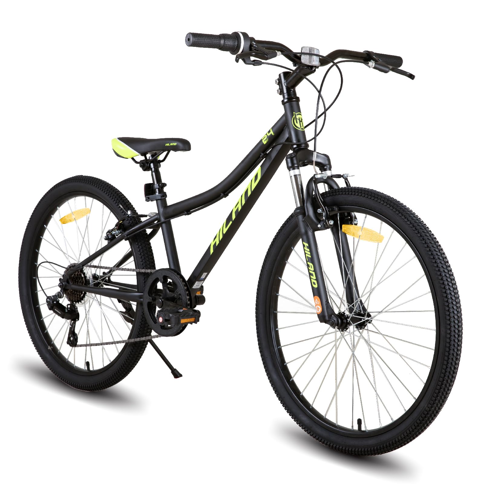 HILAND Climber 24 Zoll Kinderfahrrad, Kinder Mountainbike für Jungen Mädchen mit Federgabel 7 Gang, Kinder MTB mit V-Bremsen, Schwarz/Blau/Mintgrün/Rosa