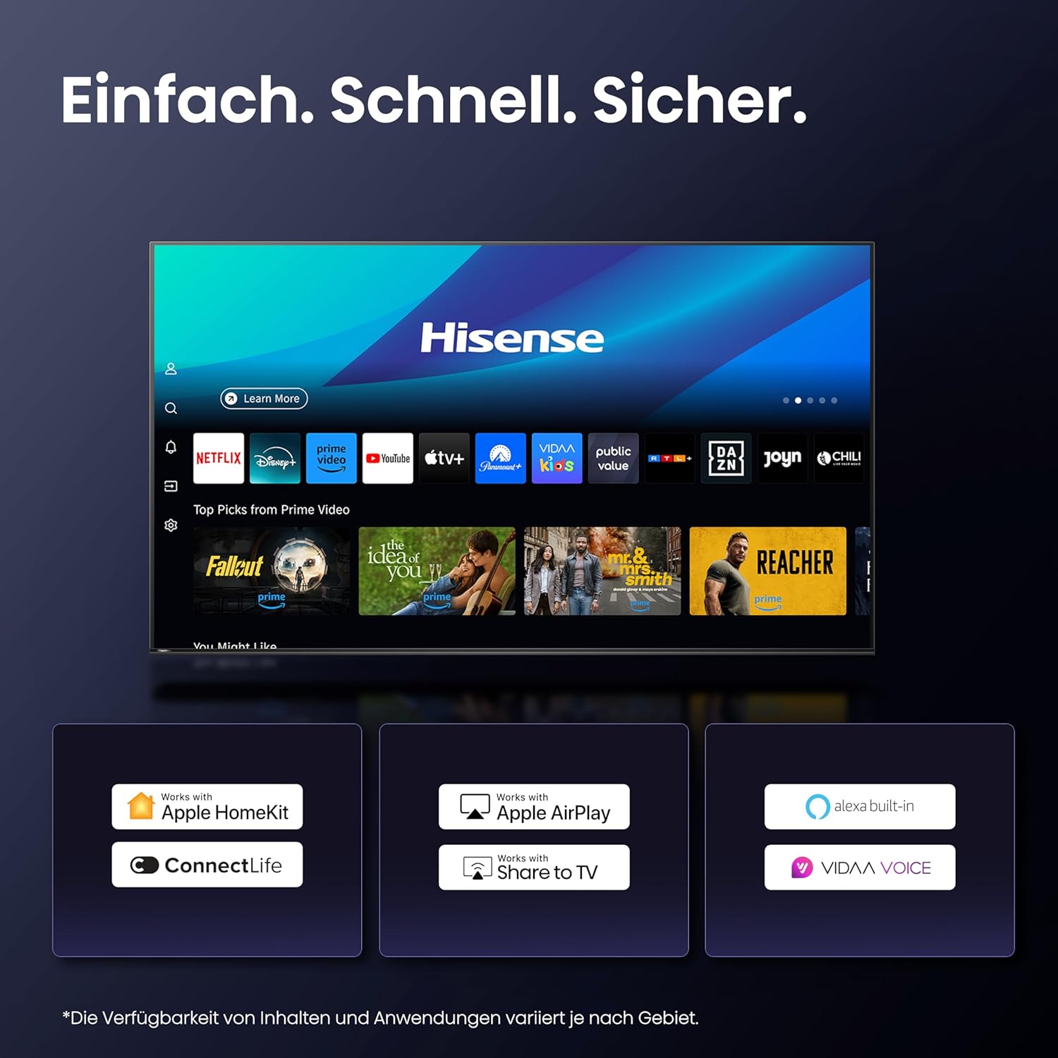 Hisense 55U7Q Fernseher 55 Zoll, 4K Mini LED ULED, Smart TV, Hi-View AI Engine, 144Hz Game Mode Pro, FreeSync Premium, Built in Subwoofer, Dolby Vision IQ Atmos, Airplay, Sprachsteuerung[2025]