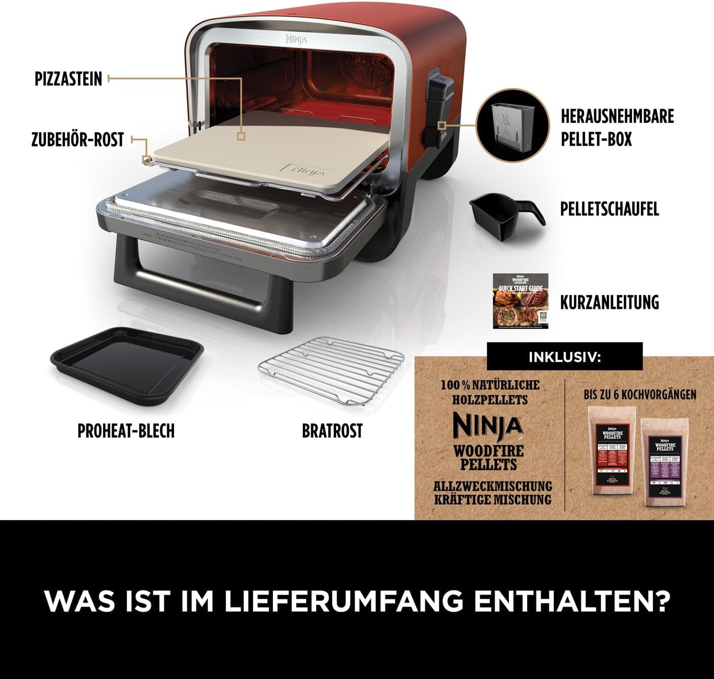 Ninja Woodfire Outdoor-Ofen, 8-in-1-Pizza- Ofen, BBQ-Smoker mit Bratrost