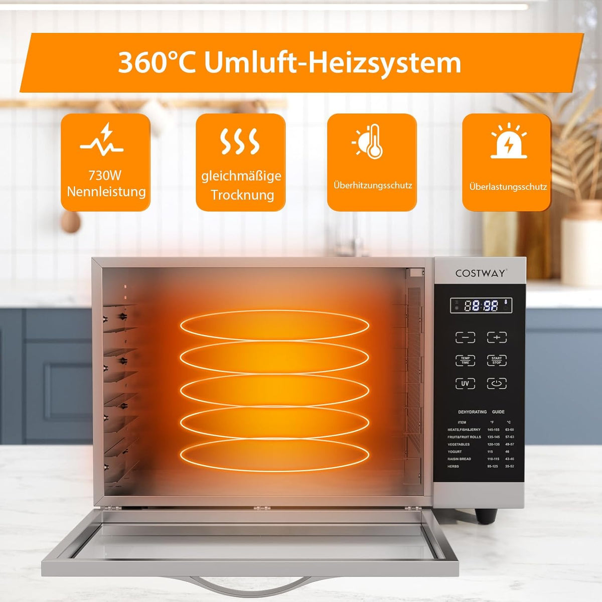 COSTWAY Dehydrator with 8 Grid Trays, 620W Dehydrator 30-70°C Temperature Control & 24H Timer, Overheating & Overload Protection, Food Dryer for Fruit, Meat, Vegetableso