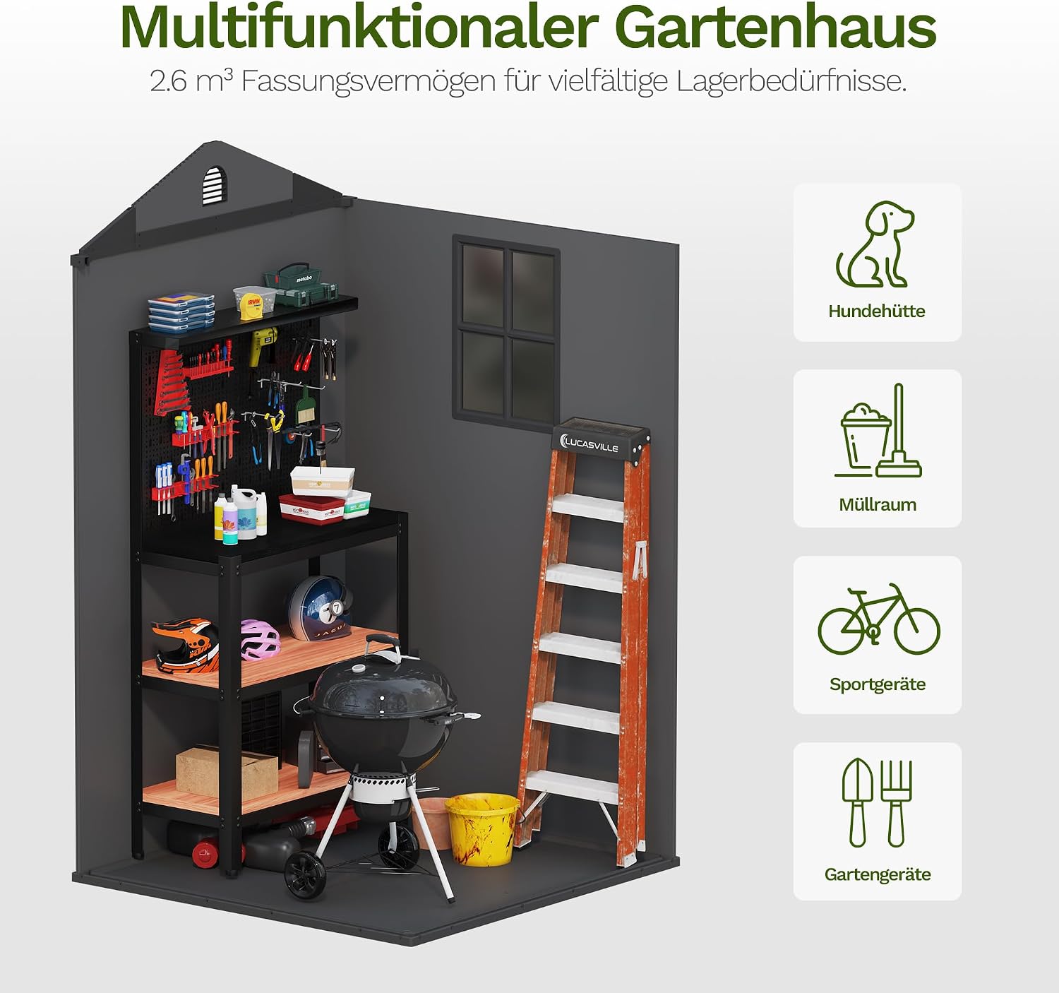 Devoko Gartenhaus Kunststoff 116x116x171cm Gerätehaus mit Boden, Dunkelgrau