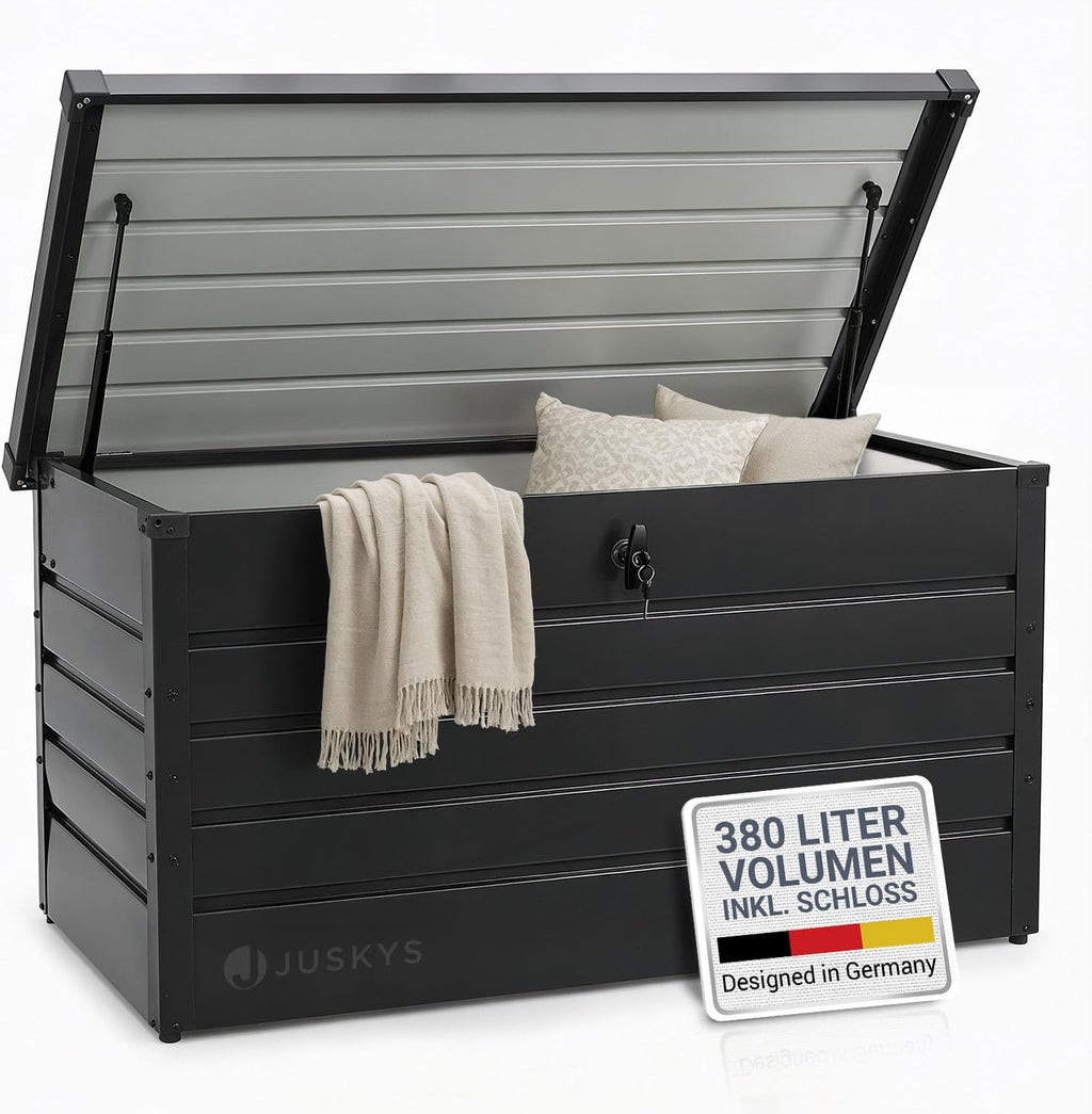 Juskys Metall Aufbewahrungsbox Limani 380 Liter - Outdoor Box - wasserdicht, abschließbar - Gartenbox, Auflagenbox, Kissenbox für Garten Anthrazit