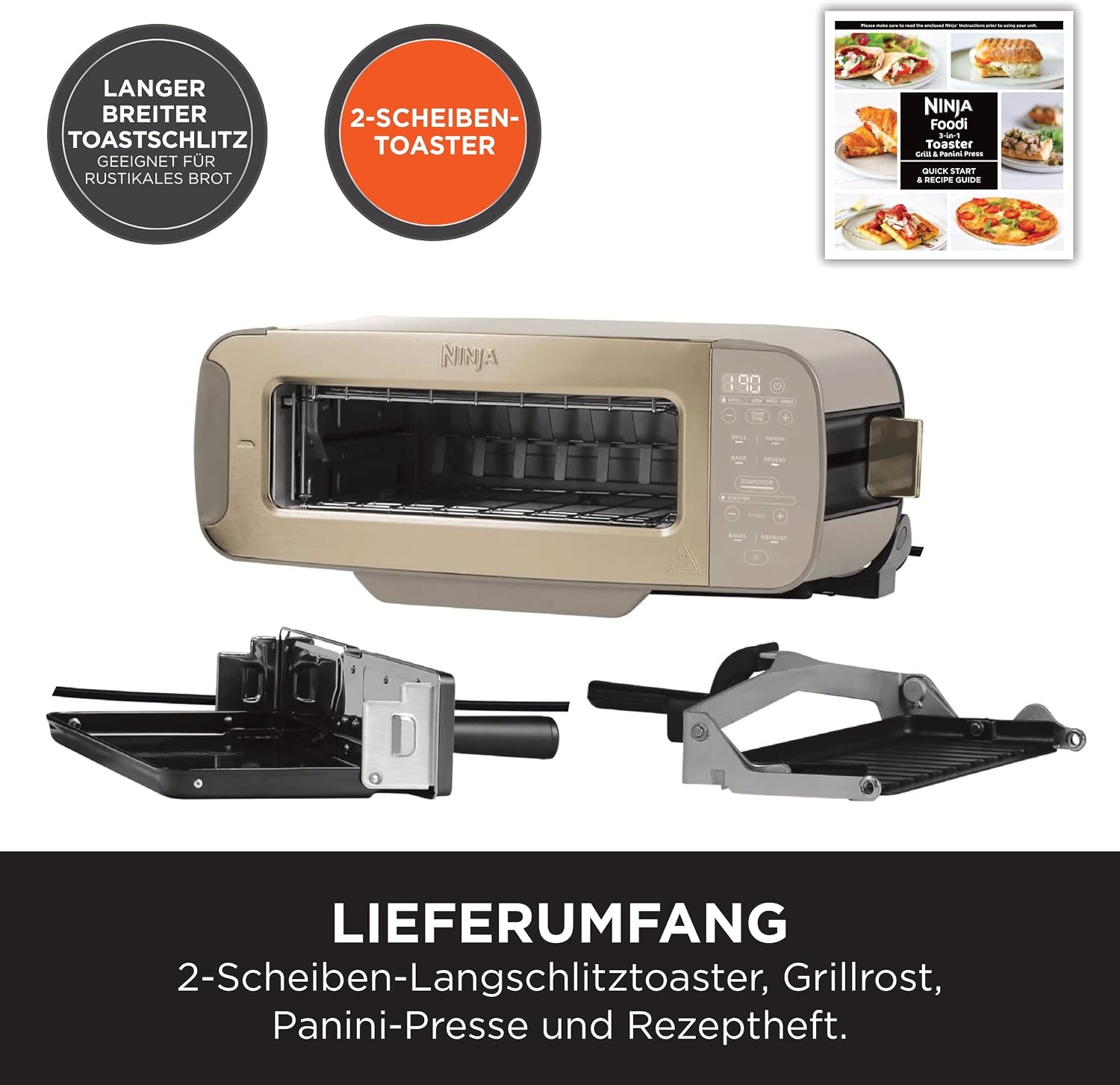 Ninja Foodi 3-in-1 Toaster, Elektrogrill mit Deckel, ST202EUSTGD