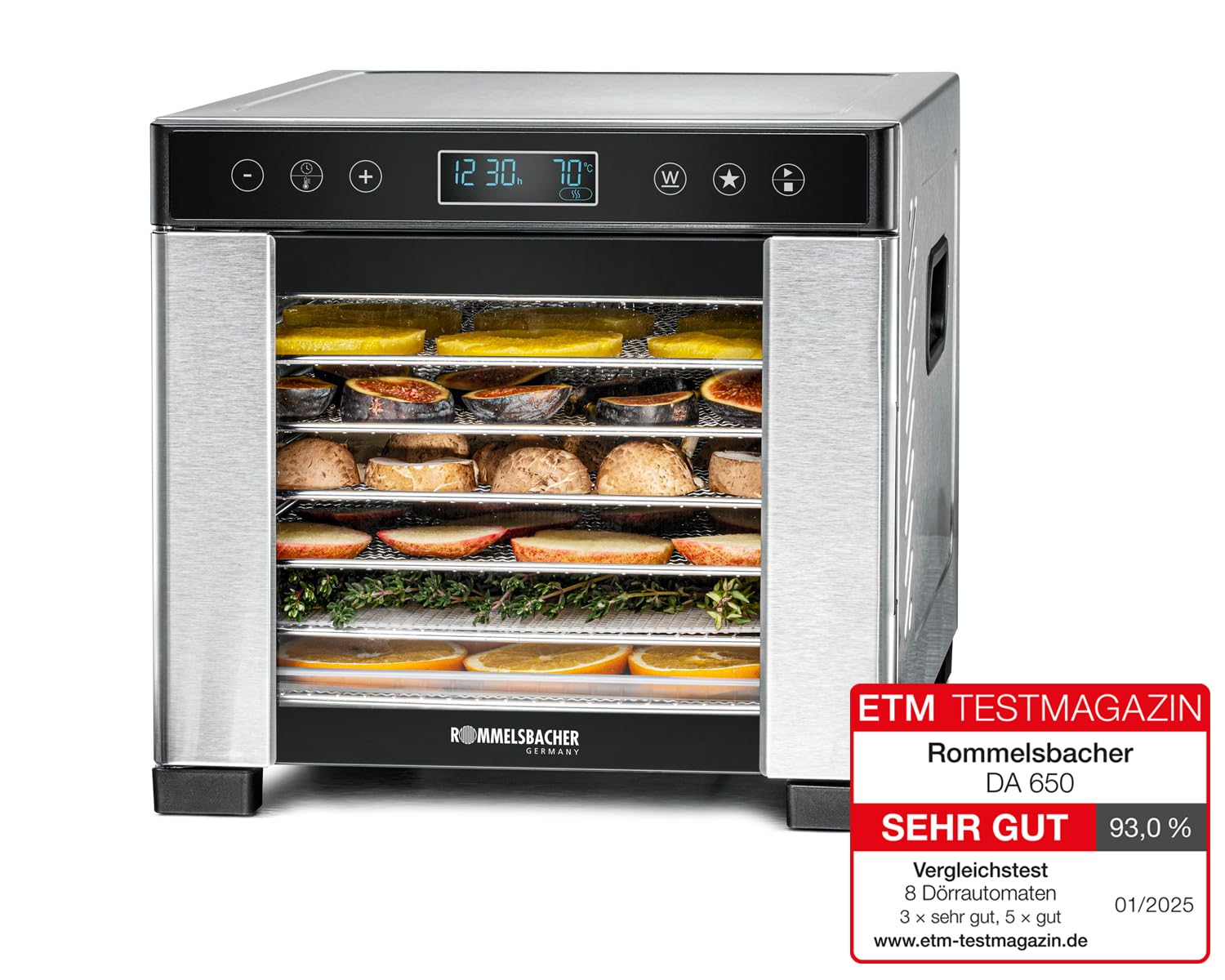 ROMMELSBACHER Dörrautomat DA 1000, XXL-Dörrfläche 1,6 m², inkl. 10 Edelstahl-Dörrtabletts, 2 Dörrgitter, 2 Dörrmatten, LED-Display, 24 Std. Zeitschaltuhr, Temperatur einstellbar (35 °C – 75 °C)o