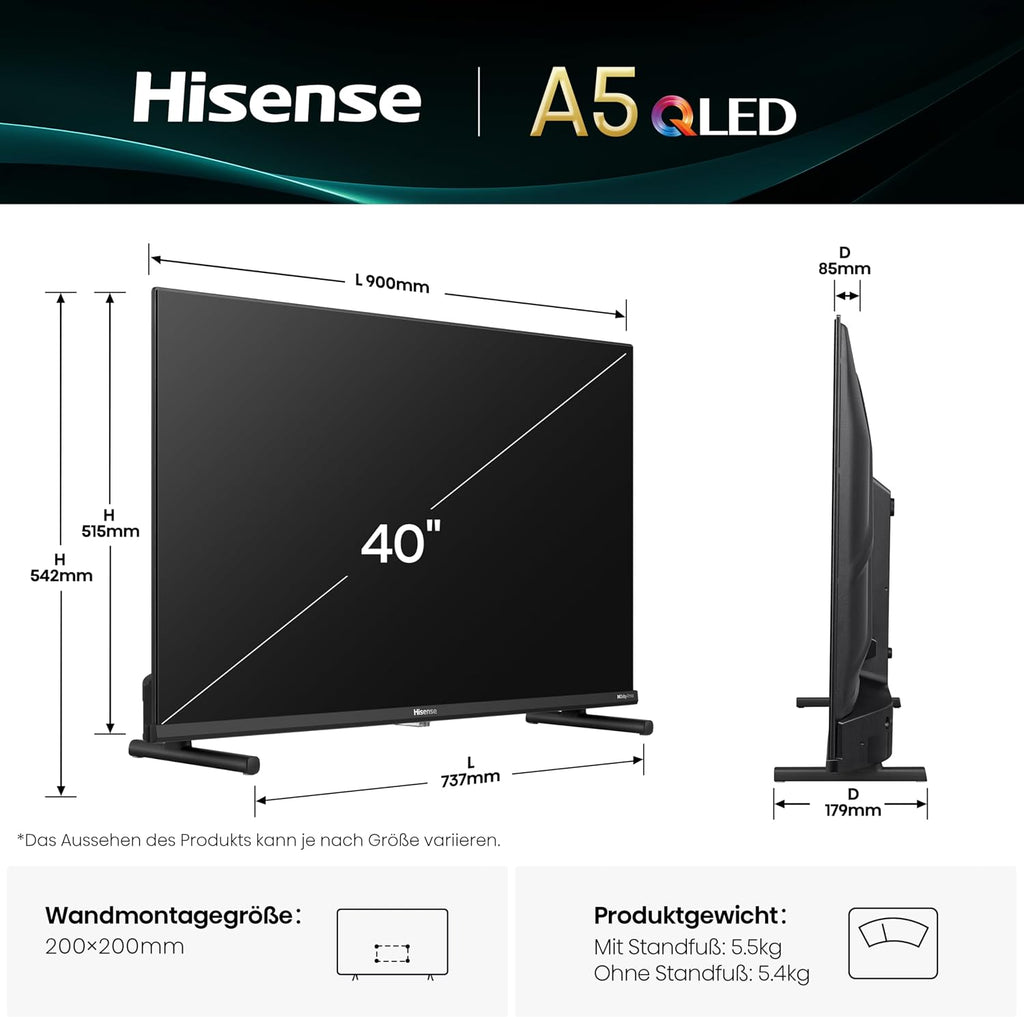 Hisense 40A5Q Fehrnseher, 40 Zoll, 2K QLED, Smart TV, Game Mode, AI Sports Mode, Dolby Atmos, Dolby MS12, DTS X, HDR10, HLG, Full HD, High Contrast, Rauschunterdrückung [2025]