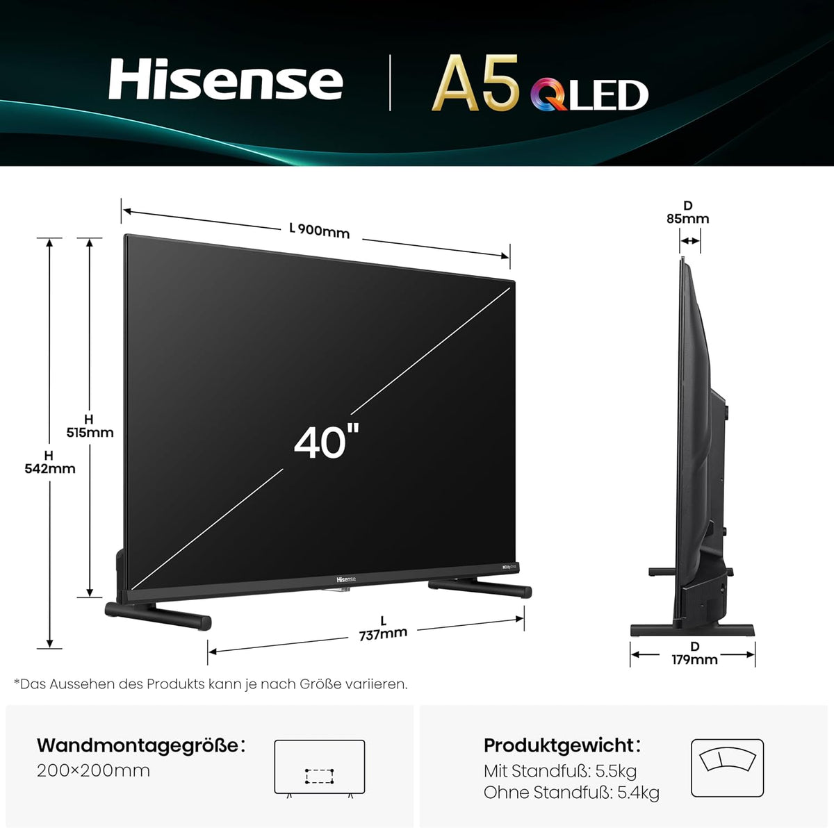 Hisense 40A5Q Fehrnseher, 40 Zoll, 2K QLED, Smart TV, Game Mode, AI Sports Mode, Dolby Atmos, Dolby MS12, DTS X, HDR10, HLG, Full HD, High Contrast, Rauschunterdrückung [2025]
