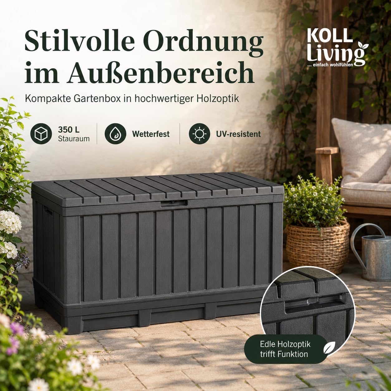 Koll Living Gartenbox Kentwood 350 Liter Stauraum anthrazit - kompakte Aufbewahrungsbox mit viel Platz für Sitzauflagen, Gartengeräte oder Kinderspielzeug - hält den Inhalt trocken & gut belüftet