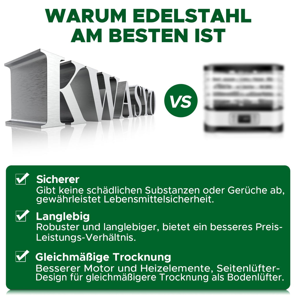 Kwasyo Dörrautomat Edelstahl DA 1000, XXL-Dörrfläche 1,8 m², Dörrgerät Temperatur einstellbar 30-90℃, LED-Display, 24 Std, BPA-frei, mit Rezeptheft, 10 Edelstahl-Dörrtablettso