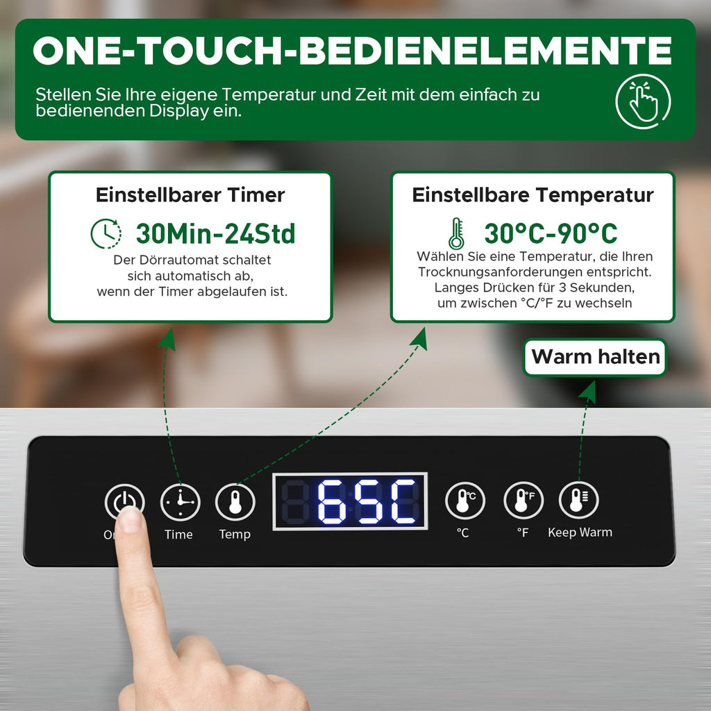 Kwasyo Dörrautomat Edelstahl DA 1000, XXL-Dörrfläche 1,8 m², Dörrgerät Temperatur einstellbar 30-90℃, LED-Display, 24 Std, BPA-frei, mit Rezeptheft, 10 Edelstahl-Dörrtablettso