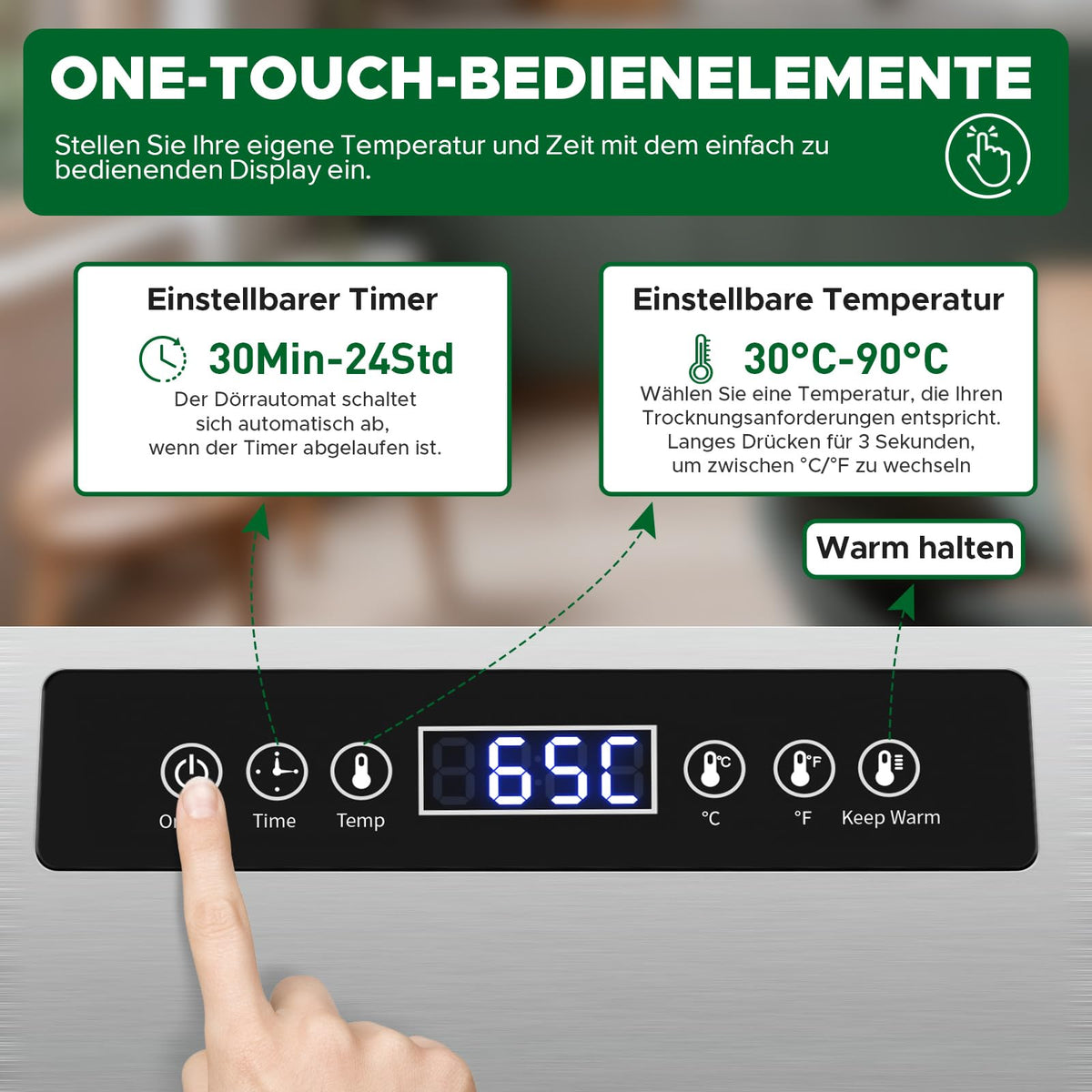 Kwasyo Dörrautomat Edelstahl DA 1000, XXL-Dörrfläche 1,8 m², Dörrgerät Temperatur einstellbar 30-90℃, LED-Display, 24 Std, BPA-frei, mit Rezeptheft, 10 Edelstahl-Dörrtablettso