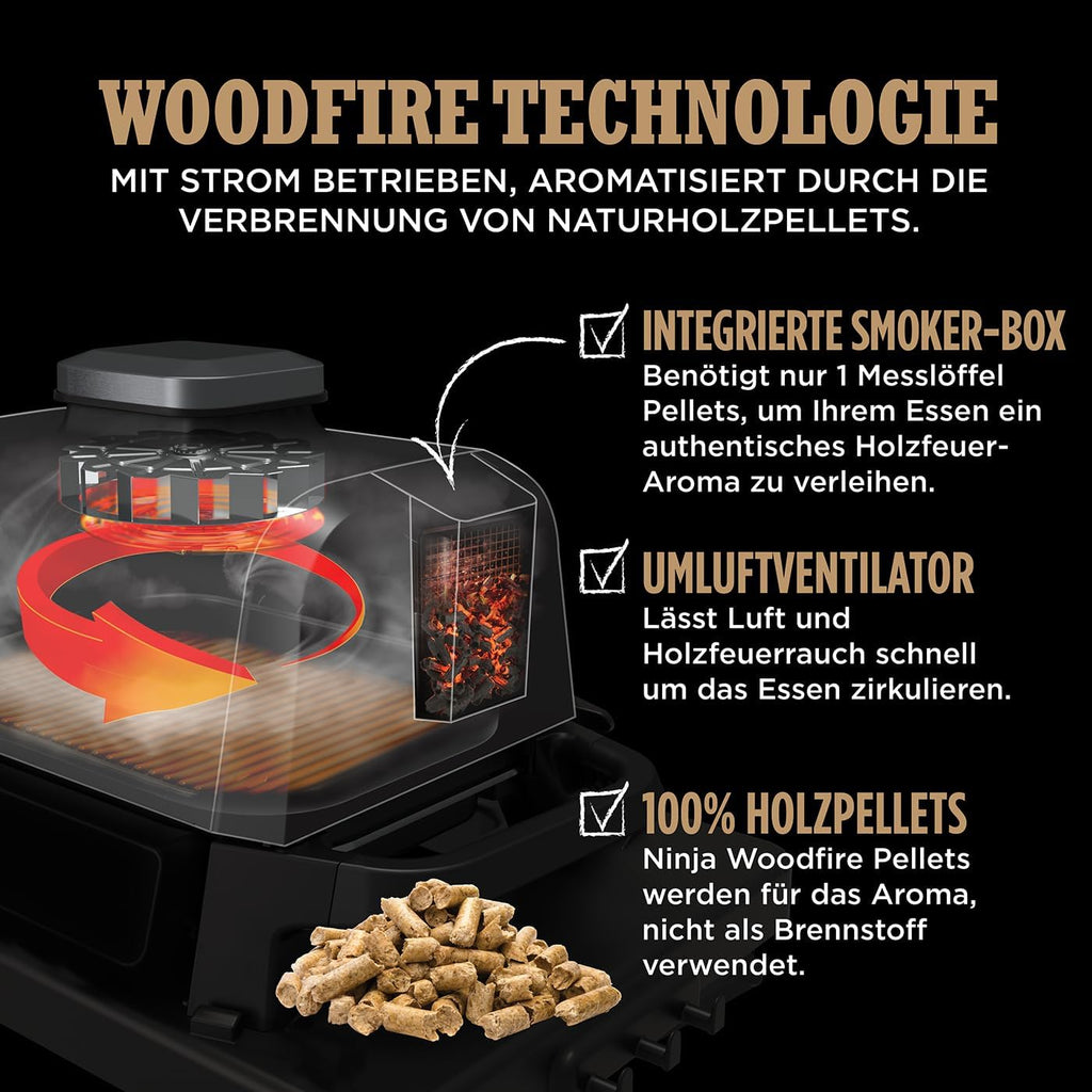 Ninja Woodfire Elektrogrill, Camping-Grill mit Smoker-& Heißluftfritteuse, 7-in-1-Outdoor Grill, räuchern, braten, backen, wetterfest, antihaftbeschichtet, tragbar, Grau/Schwarz OG701EU