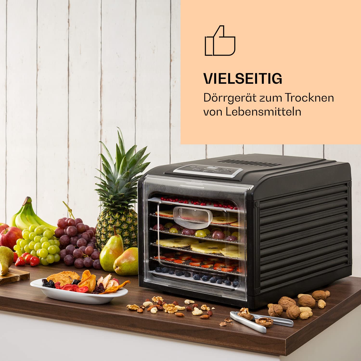 Klarstein Dörrautomat, Dörrgerät, Food Dehydrator, Dörrautomat aus Metall, Dehydrator Food Dryer, 9 Ablagen, 700 Watt, Touch-Display, Timer, Edelstahlheizelement, HotAir Circulation System, Schwarzo