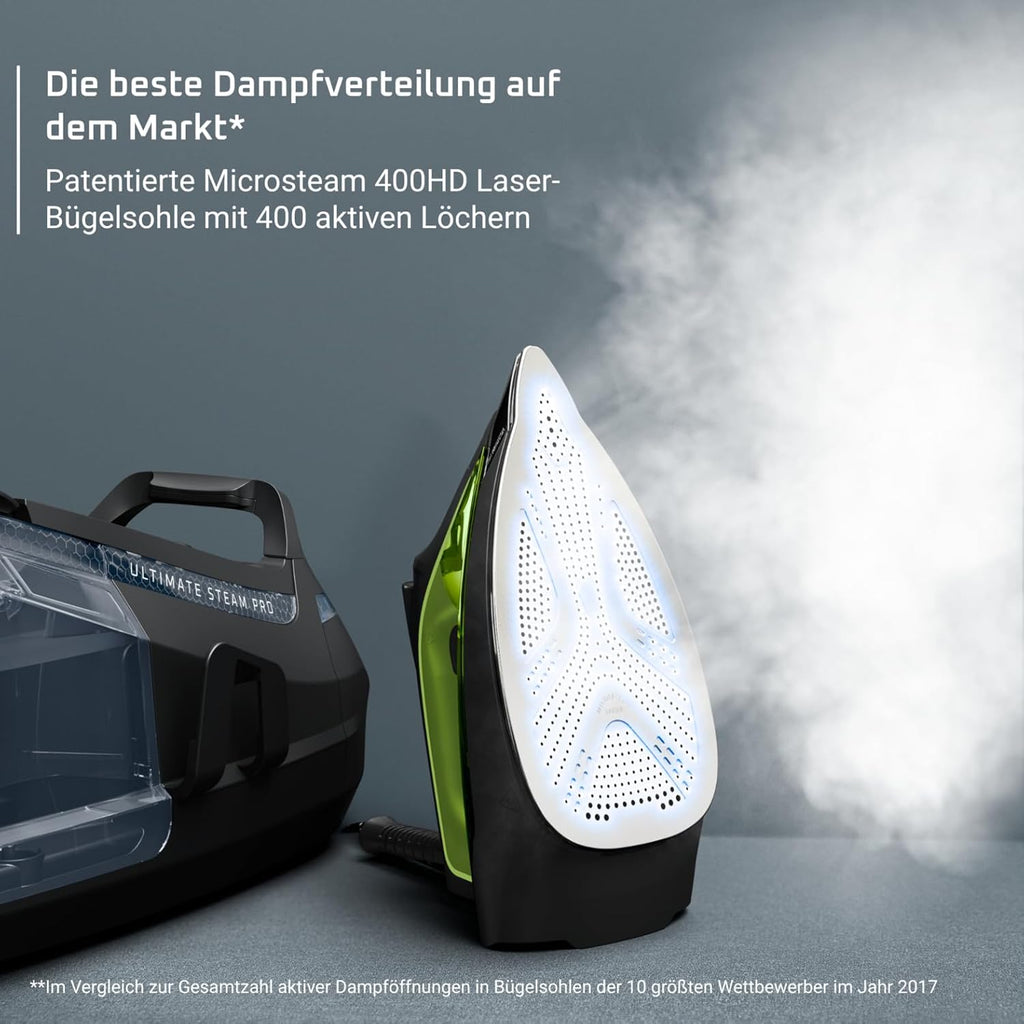 Rowenta Silence Steam Pro Dampfbügelstation, 2800 W, Dauerdampfmenge 150 g/Min, extra Dampfstoß 620 g/min, Eco-Funktion, 1300 ml abnehmbarer Wassertank, Schwarz/Grün, DG9248