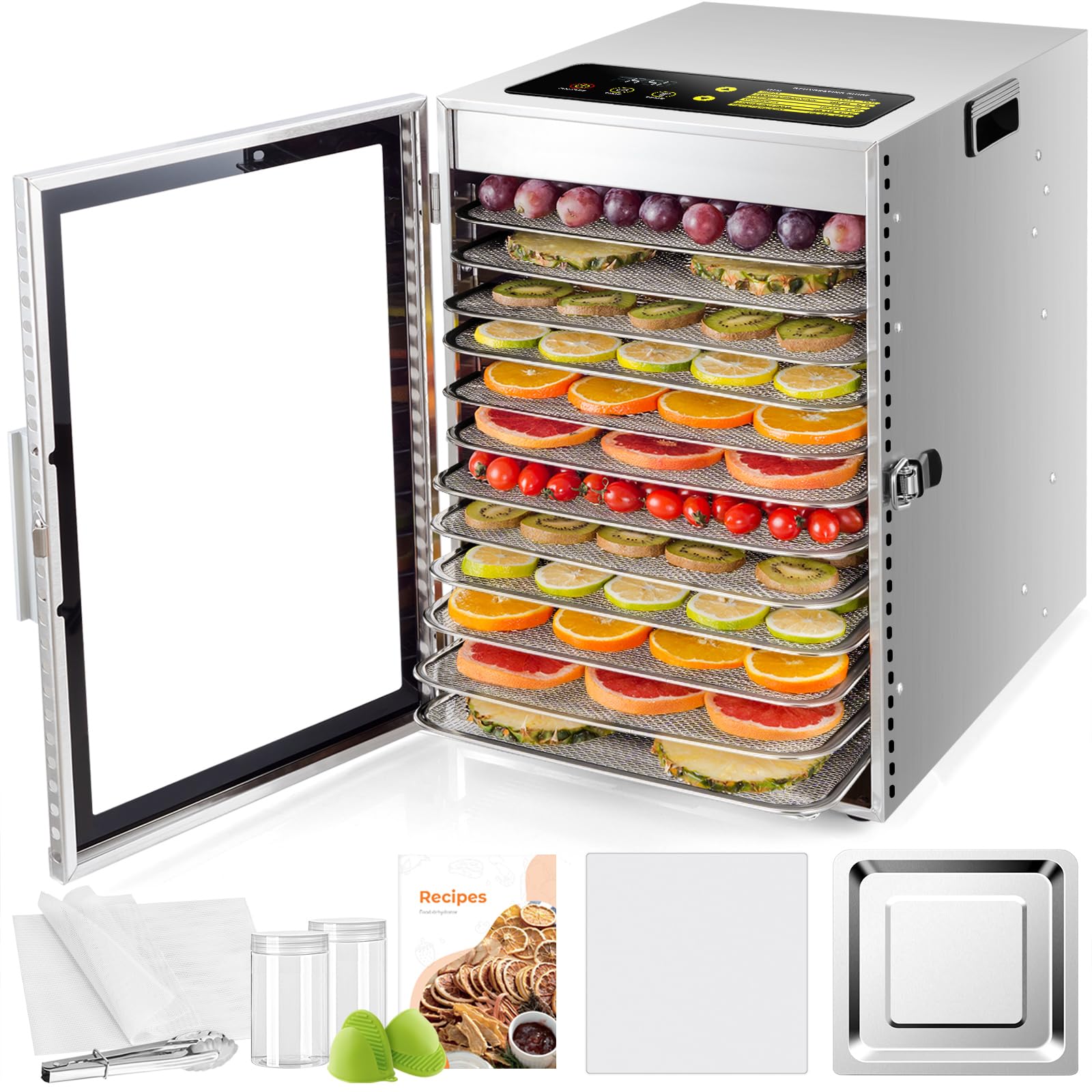 Kwasyo Dehydrator Stainless Steel, Double Fan 360° Efficient Dry, Dehydrator 12 Levels, 20-90°C Temperature Control, 24 Hour Timer, Overheating Protection, Recipe Book for Meat, Fruit, Vegetables,o