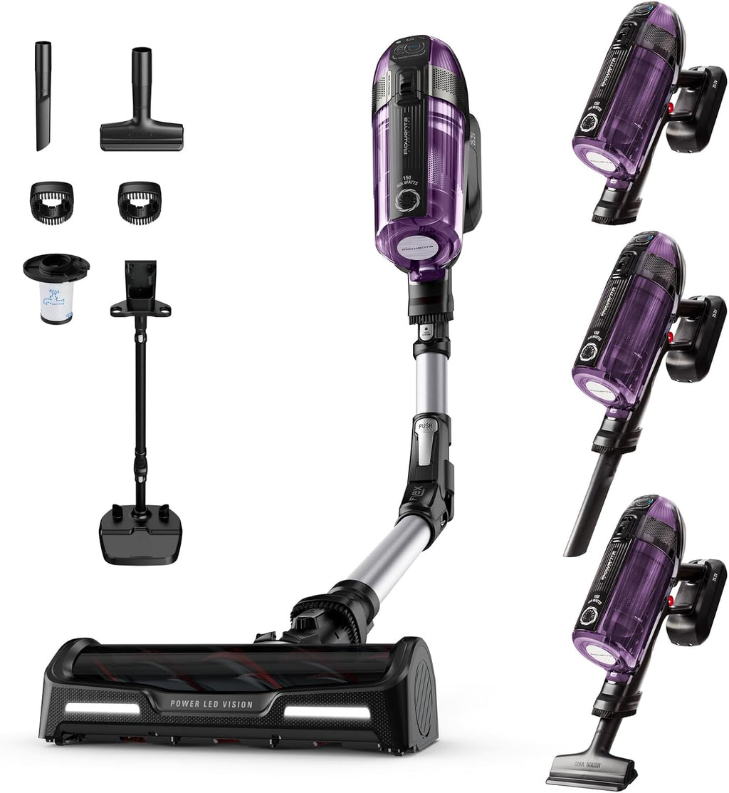 Rowenta X-Force Flex 12.60 kabelloser Akku-Stabstaubsauger, 150 Air Watt, bis zu 45 Min. Laufzeit, leistungsstark, Flex-Gelenk, LED-Düse, inkl. Zubehör, lila/schwarz, RH98A0