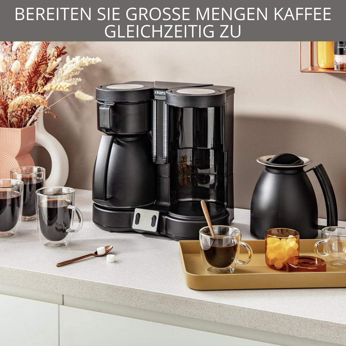 KRUPS Duothek Thermo Filterkaffeemaschine, zwei separate Isolierkannen und Brühvorgänge, sehr gute Isolierleistung, Ein-und-Aus-Schalter mit Kontrolleuchten, 2 x 8 Tassen, Schwarz, KT8501