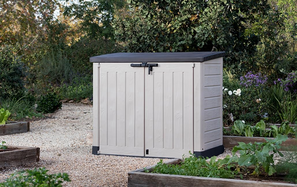 Keter Store it out Max Mülltonnenbox mit Gasdruckfeder, wetterfest, abschließbar, beige, 1.200 L, 145,5 x 82 x 125cm