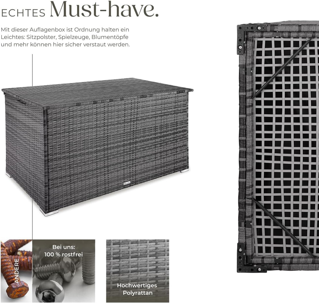 tectake® Aluminium Polyrattan Aufbewahrungsbox mit Deckel, 750L, Gartenkiste wetterfest, Gartenbox mit Gasdruckfedern, Garten Auflagenbox, UV-beständig, rostfrei, Stauraum, 145x82,5x79,5 cm - grau