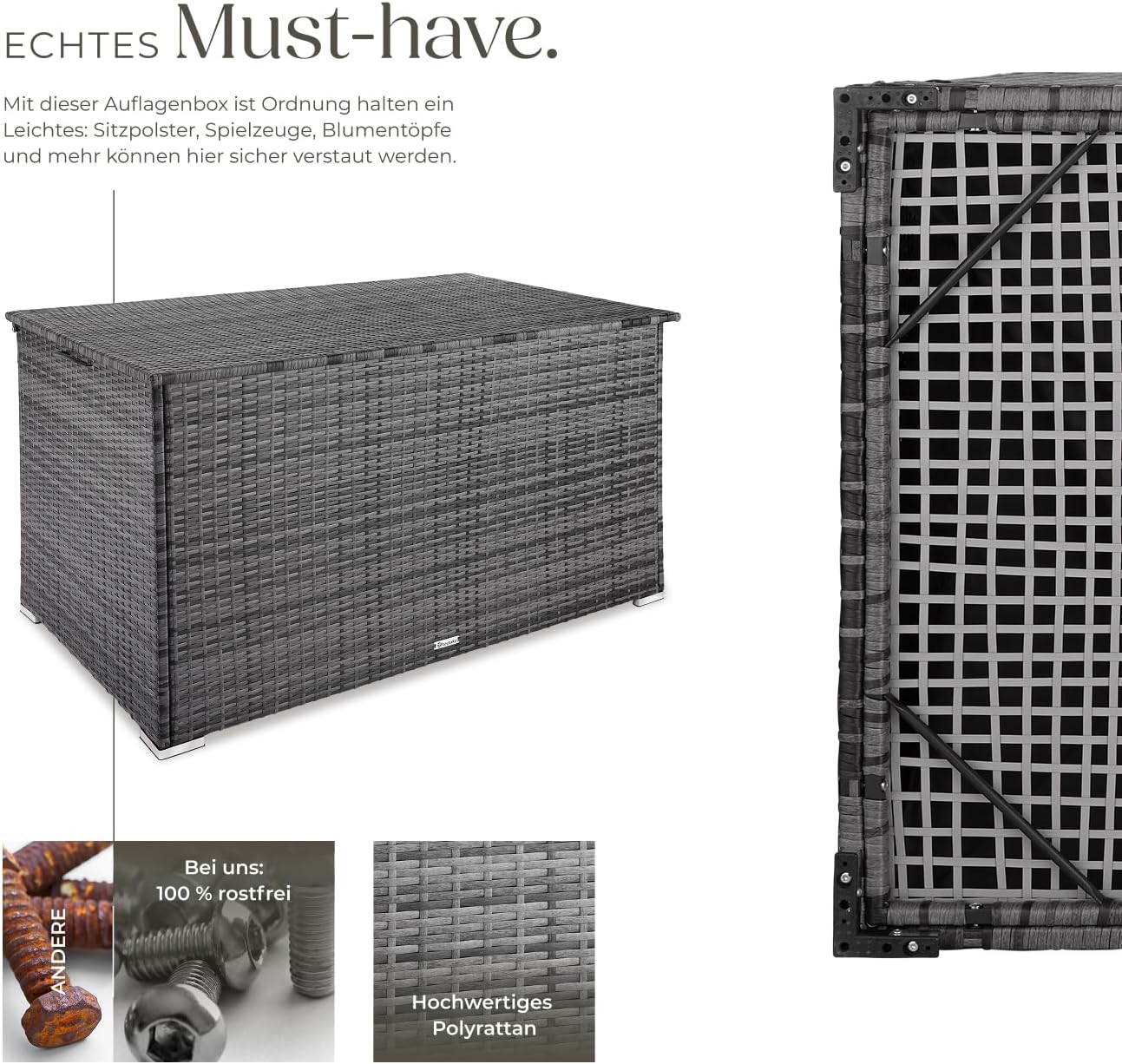 tectake® Aluminium Polyrattan Aufbewahrungsbox mit Deckel, 750L, Gartenkiste wetterfest, Gartenbox mit Gasdruckfedern, Garten Auflagenbox, UV-beständig, rostfrei, Stauraum, 145x82,5x79,5 cm - grau