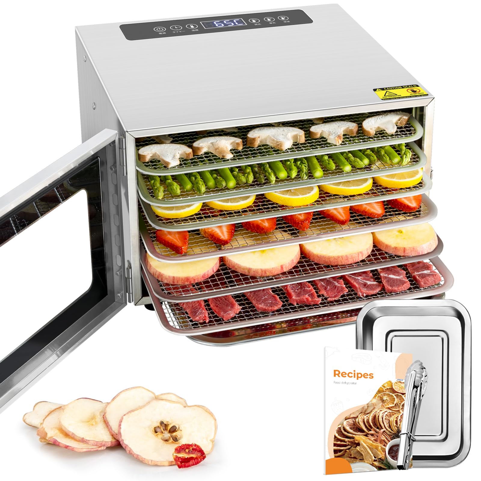 Kwasyo Dörrautomat Edelstahl DA 1000, XXL-Dörrfläche 1,8 m², Dörrgerät Temperatur einstellbar 30-90℃, LED-Display, 24 Std, BPA-frei, mit Rezeptheft, 10 Edelstahl-Dörrtablettso