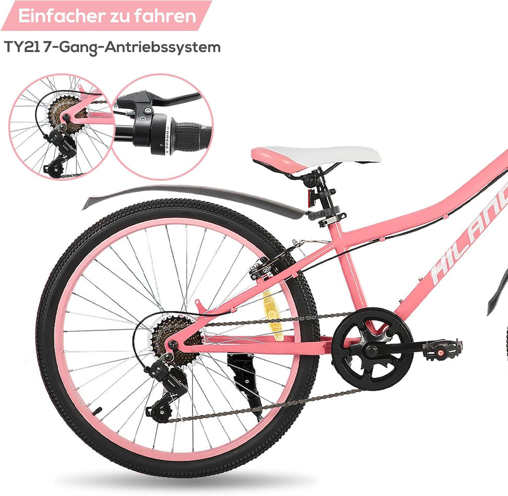 HILAND Climber 24 Zoll Kinderfahrrad, Kinder Mountainbike für Jungen Mädchen mit Federgabel 7 Gang, Kinder MTB mit V-Bremsen, Schwarz/Blau/Mintgrün/Rosa