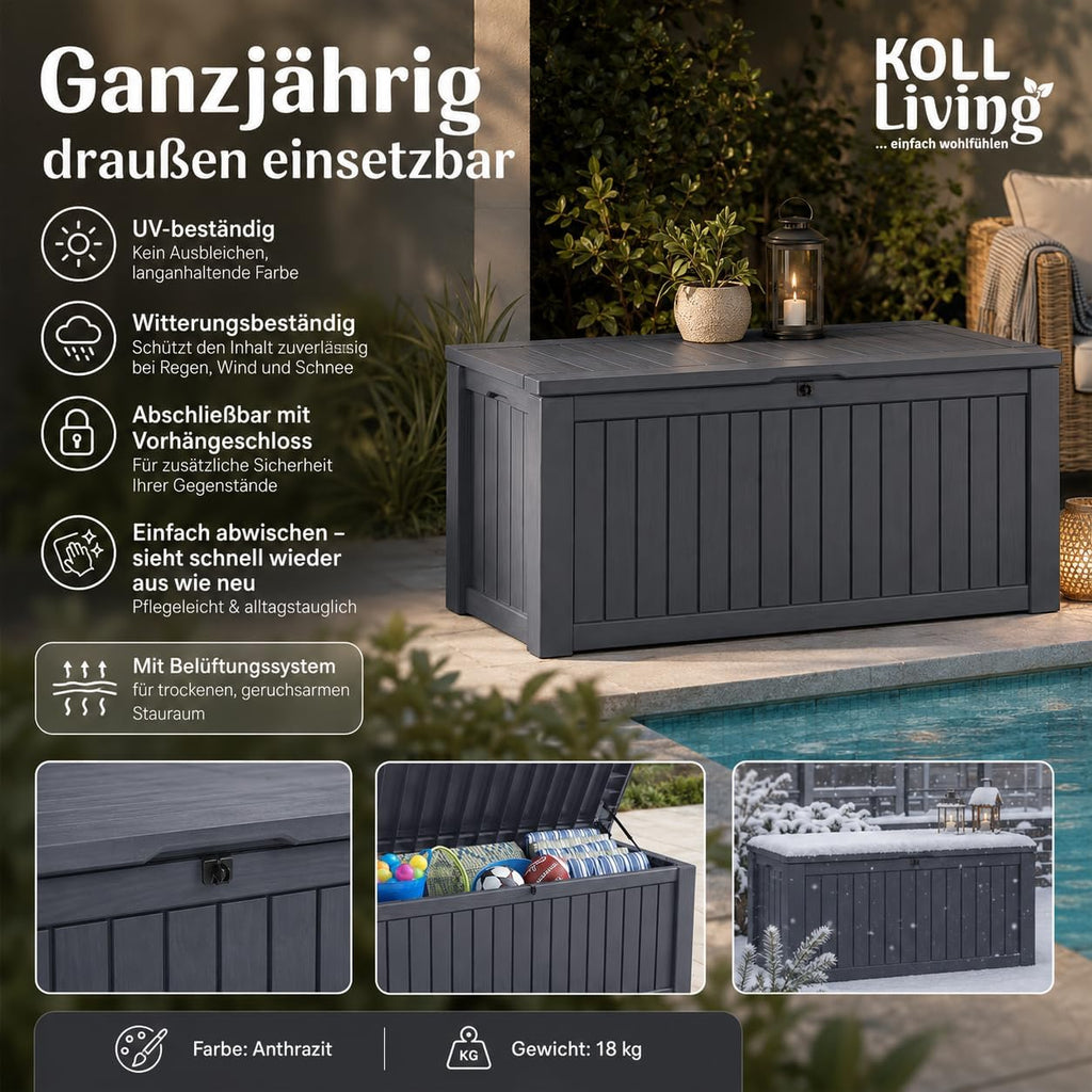 Koll Living Auflagenbox/Kissenbox 570 Liter l 100% Wasserdicht l mit Belüftung dadurch kein übler Geruch/Schimmel l Moderne Holzoptik l Deckel belastbar bis 250 KG (2 Personen) (Anthrazit)