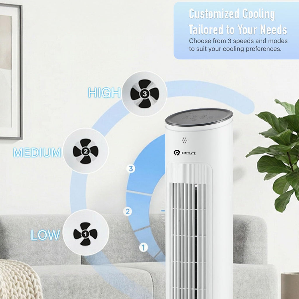 PureMate 43-inch Tower Fan with Remote control, Oscillating Silent Bladeless Floor Fan, 3 Speeds, 7-Hour Timer, Powerful 40W Electric Standing Fan, Portable Quiet & Ideal for Bedroom, White