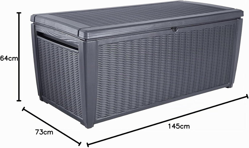 Keter Sumatra Auflagenbox, Kissenbox für draußen, 511 L, wetterfest, Deckel mit Gasdruckfeder, Außenmaße:145x73x64 cm, Sitzgelegenheit für 2 Personen Graphit