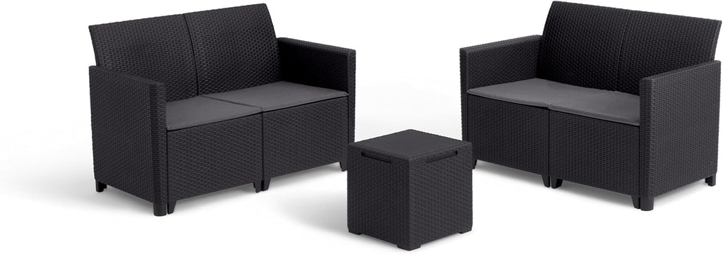 Keter Nora Gartenmöbel Lounge Set, inkl. Sitzkissen, grau, für 4 Personen, wahlweise 3er Sofa + Sessel oder 2x 2-Sitzer Sofa und Tisch