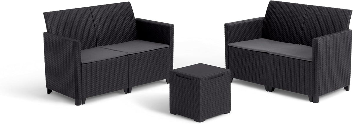Keter Nora Gartenmöbel Lounge Set, inkl. Sitzkissen, grau, für 4 Personen, wahlweise 3er Sofa + Sessel oder 2x 2-Sitzer Sofa und Tisch