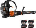 WORX Nitro 80V Akku-Laubbläser, 800 CFM 150 MPH, bürstenloser Rucksack, elektrischer Laubbläser WG572, Turbinenventilator, Variable Luftregelung, 4 PowerShare-Akkus, Basecamp-Ladegerät inklusive