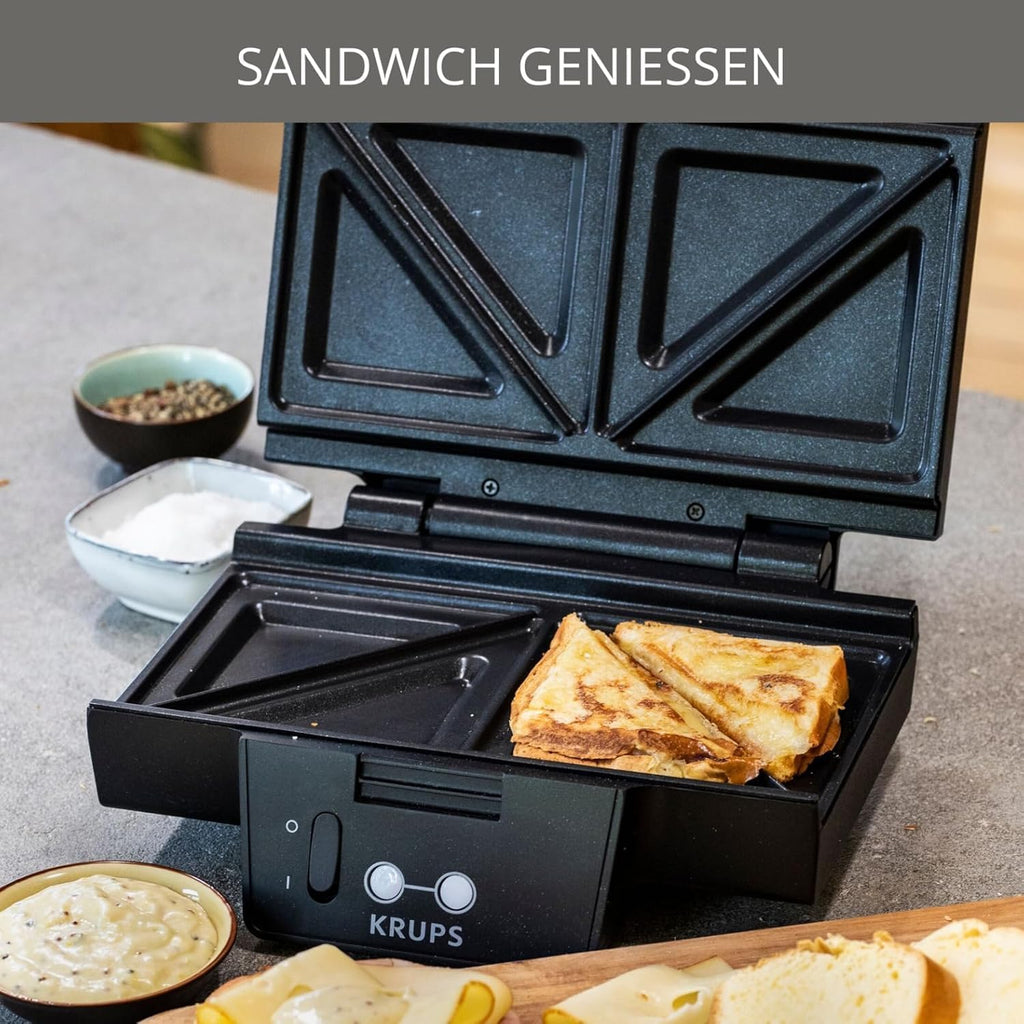 Krups Sandwichmaker, für perfekt zubereitete Sandwichtoasts in Dreiecksform, antihaftbeschichtete Platten, leichte Reinigung, kein Anbrennen, Temperaturkontrollleuchte, 850 W, 31,6x15,5x29,5cm, FDK451