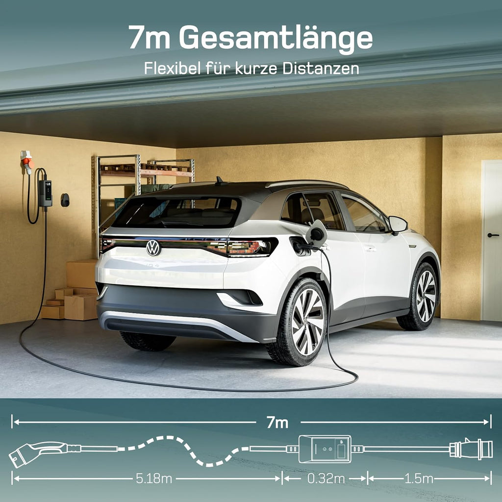 dé Mobile Wallbox 11 kW with App [7 m | 3-Phase | 6-16 A] | Charging cable e car CEE-16A 400V to type 2 with adjustable charging power, EV charger for BEV/PHEV