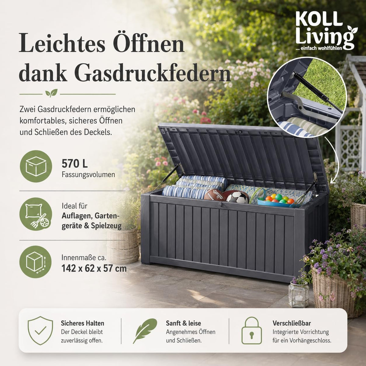 Koll Living Auflagenbox/Kissenbox 570 Liter l 100% Wasserdicht l mit Belüftung dadurch kein übler Geruch/Schimmel l Moderne Holzoptik l Deckel belastbar bis 250 KG (2 Personen) (Anthrazit)