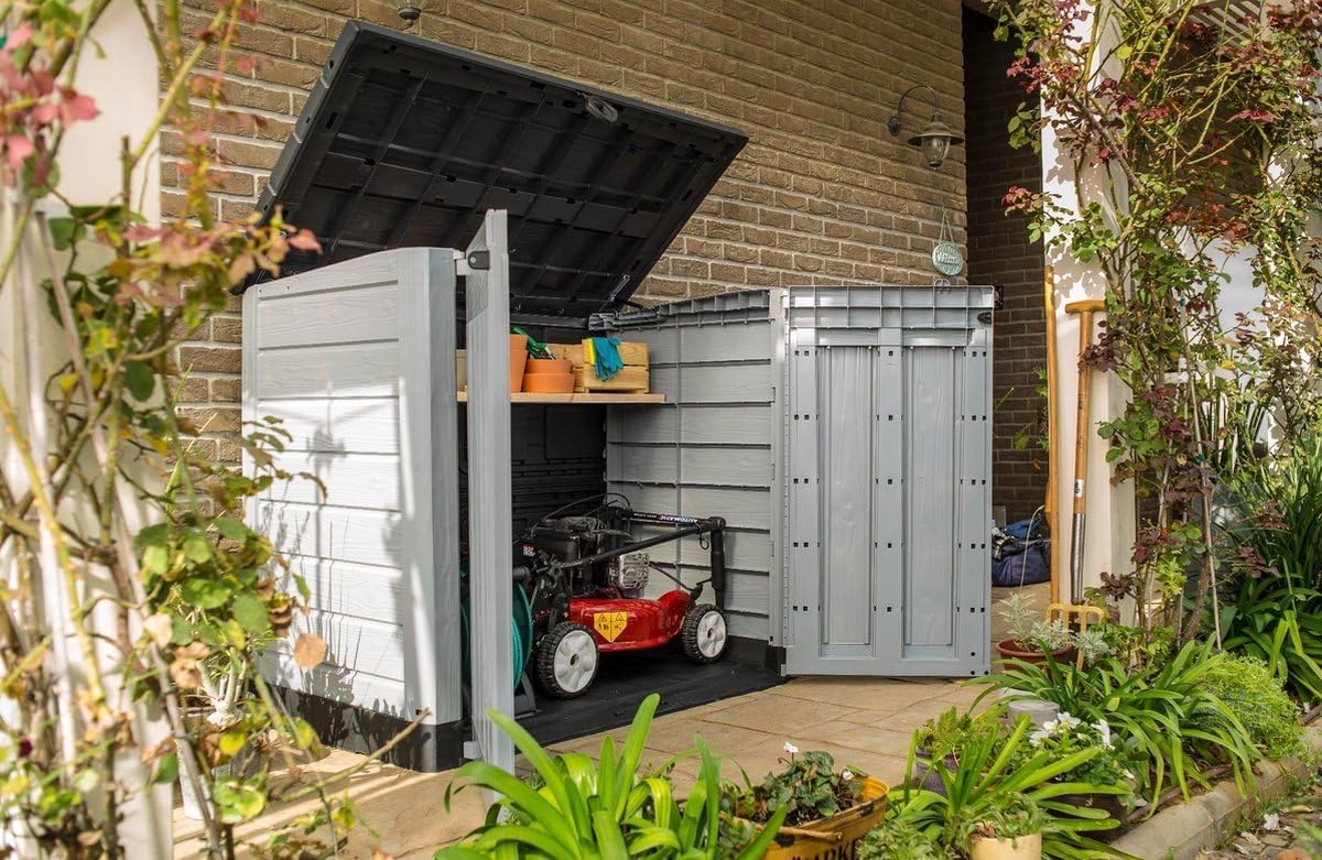 Keter Store It Out Ace 1200L Lagerbox, wetterfest & abschließbar, UV-beständig, Hydraulikdeckel, Grau, Maße: 145,5 x 82 x 123,5 cm